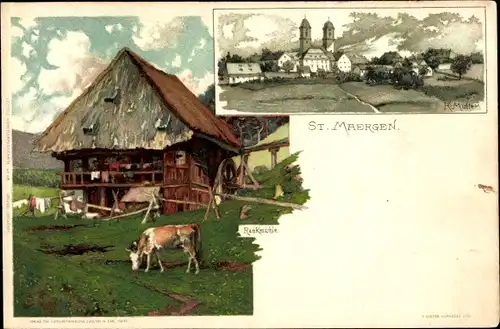 Künstler Litho Mutter, K., St. Märgen BW, Partie an der Rankmühle, Weidende Kuh, Schwarzwaldhaus