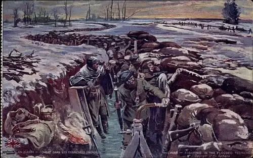 Künstler Ak The War, Fighting in the flooded Trenches, Soldaten im Schützengraben