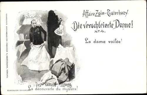 Judaika Künstler Ak Dreyfus Affäre, Zola Esterhazy, Die verschleierte Dame Nr. 4, Des Rätsels Lösung
