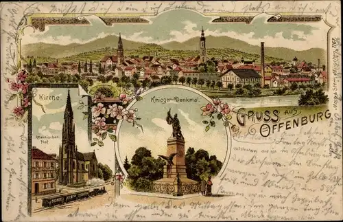 Litho Offenburg im Schwarzwald, Kriegerdenkmal, Kirche, Totalansicht, Rheinischer Hof