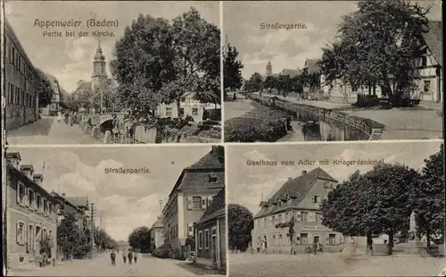 Ak Appenweier in Baden Schwarzwald, Straßenpartie, Gasthaus zum Adler, Kirche, Kriegerdenkmal