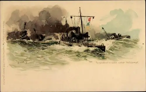 Künstler Litho Bohrdt, Hans, Deutsche Kriegsschiffe, Torpedodivision unter Volldampf