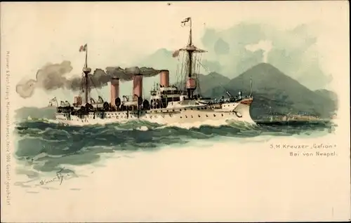 Künstler Litho Bohrdt, Hans, Napoli Neapel Campania, Deutsches Kriegsschiff, SMS Gefion, Kreuzer