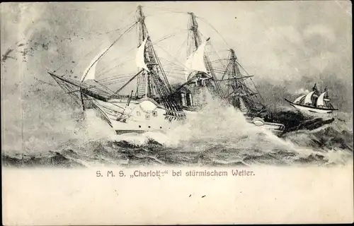 Ak Segelschiff, SMS Charlotte bei stürmischem Wetter, Kaiserliche Marine