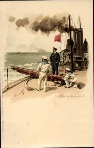 Künstler Litho Bohrdt, Hans, Am Torpedo Lancierrohr, Deutsche Seeleute, Kriegsschiff