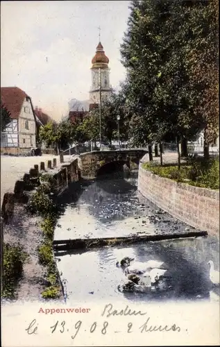Ak Appenweier Ortenaukreis, Flusspartie mit Teilansicht der Stadt, Brücke, Kirche
