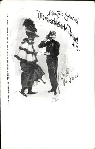 Künstler Ak Affaire Zola Esterhazy, Die verschleierte Dame, Dreyfus Affäre