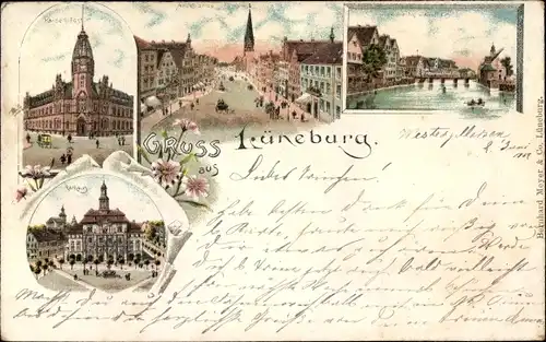 Litho Lüneburg in Niedersachsen, Kaiserl. Post, Rathaus, Am Sande, Kaufhaus