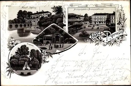 Litho Bad Pyrmont in Niedersachsen, Fürstl. Schloss, Brunnenplatz, Hauptallee, Helenenquelle