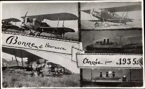 Foto Ak Glückwunsch Neujahr, Jahreszahl 1935, Doppeldecker, Dampfer, Flugzeuge