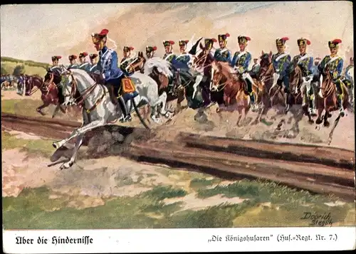 Künstler Ak Döbrich Steglitz, Über die Hindernisse, die Königshusaren, Husaren Regiment Nr. 7