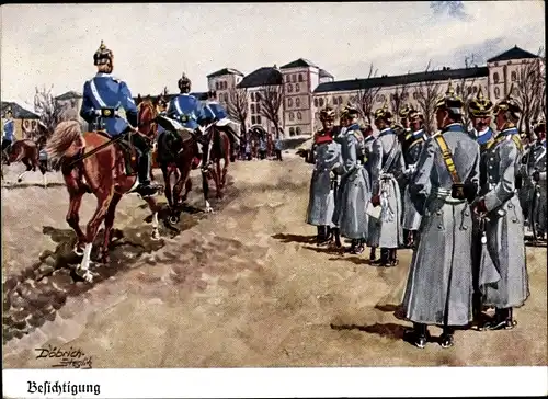 Künstler Ak Döbrich-Steglitz, Besichtigung, Soldaten auf einem Kasernenplatz, Reiter