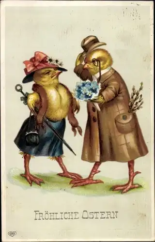 Ak Glückwunsch Ostern, Zwei vermenschlichte Küken