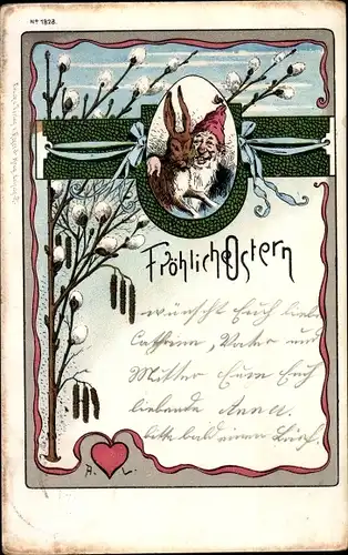 Litho Glückwunsch Ostern, Zwerg mit Hase, Weidenkätzchen