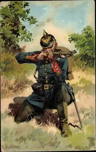 Künstler Litho Hoffmann, A., Deutscher Soldat, Garde Jäger, Munitionsgürtel, Gewehr, Kaiserreich