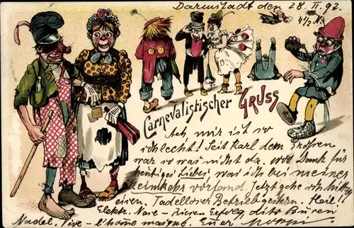 Litho Carnevalistischer Gruß, kostümierte Personen, Karneval