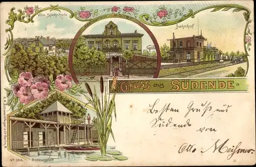 Litho Berlin Steglitz Südende, Bahnhof, Restaurant Müller, Villa Spahnholz, Badeanstalt