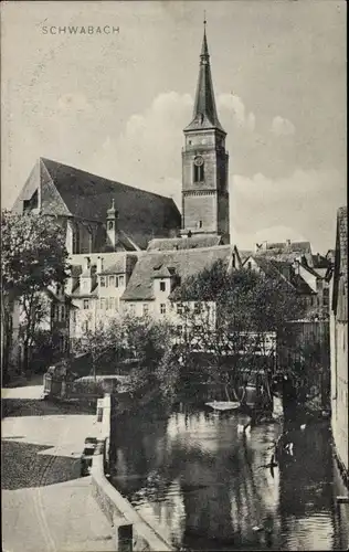 Ak Schwabach in Mittelfranken Bayern, Teilansicht der Ortschaft mit Kirche
