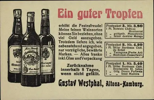 Ak Hamburg Altona, Kaffee Großhandlung Gustav Westphal, Kleine Gärtnerstraße, Reklame, Weinflaschen