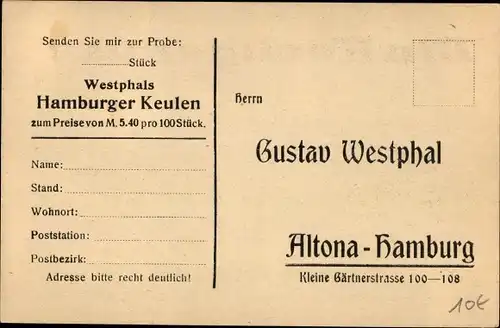 Ak Hamburg Altona, Westphals Hamburger Keule, Zigarre, Gustav Westphal, Kleine Gärtnerstraße,Reklame