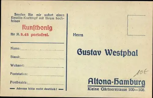 Ak Hamburg Altona, Emaille Kochtopf mit Kunsthonig, Gustav Westphal, Kleine Gärtnerstraße, Reklame