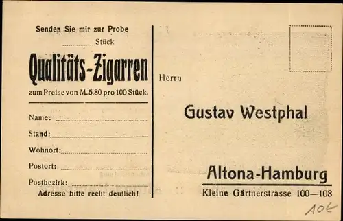 Ak Hamburg Altona, Gustav Westphal, Kleine Gärtnerstraße, Reklame, Zigarren