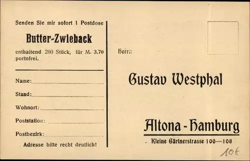 Ak Hamburg Altona, Gustav Westphal, Kleine Gärtnerstraße, Reklame, Butter Zwieback