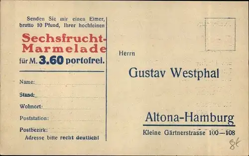 Ak Hamburg Altona, Gustav Westphal, Kleine Gärtnerstraße, Reklame, Sechsfrucht Marmelade