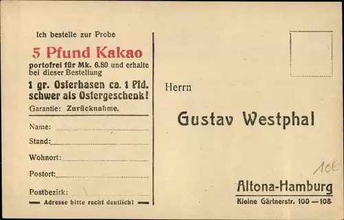 Ak Hamburg Altona, Gustav Westphal, Kleine Gärtnerstraße, Reklame, Schokolade Osterhase, Kakao