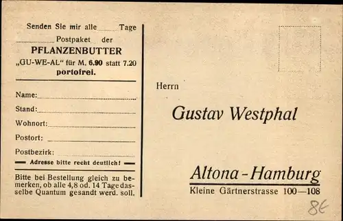 Ak Hamburg Altona, Gustav Westphal, Kleine Gärtnerstraße, Reklame, Pflanzenbutter GU WE AL