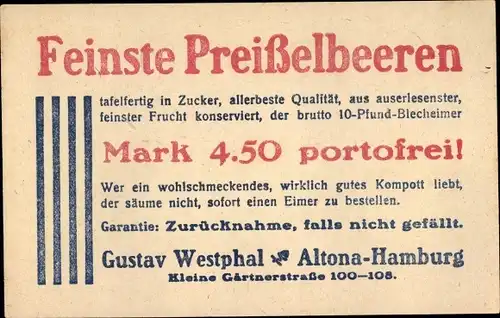 Ak Hamburg Altona, Gustav Westphal, Kleine Gärtnerstraße, Reklame, Preißelbeeren in Zucker