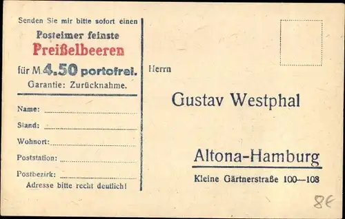 Ak Hamburg Altona, Gustav Westphal, Kleine Gärtnerstraße, Reklame, Preißelbeeren in Zucker