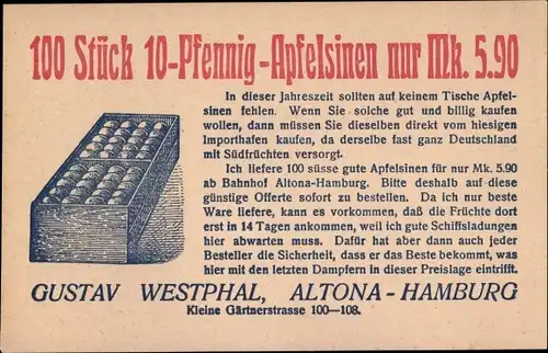 Ak Hamburg Altona, Gustav Westphal, Kleine Gärtnerstraße, Reklame, Apfelsinen