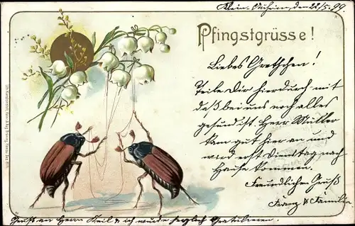 Litho Glückwunsch Pfingsten, Maikäfer mit Maiglöckchen