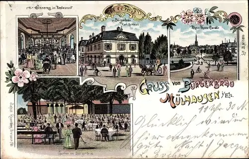 Litho Mulhouse Mülhausen Elsass Haut Rhin, Rhein Rhone Canal, Bürgerbräu, Restaurant