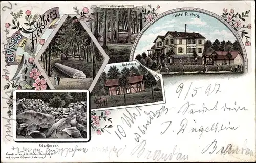 Litho Felsberg Lautertal im Odenwald, Hotel Felsberg, Altarstein, Badehaus, Felsenmeer