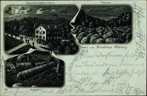 Mondschein Litho Felsberg Lautertal im Odenwald, Felsenmeer, Restauration Forsthaus Felsberg