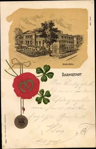 Passepartout Litho Darmstadt in Hessen, Saalbau, Siegel, Kleeblätter, Hufeisen