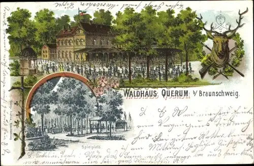 Litho Querum Braunschweig in Niedersachsen, Waldhaus Querum, Gastwirtschaft Spielplatz