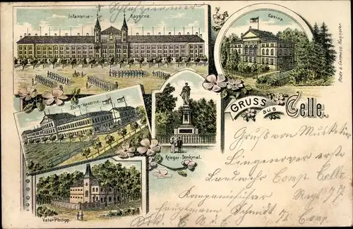 Litho Celle in Niedersachsen, Infanterie Kaserne, Burgkaserne, Casino, Vater Philipp, Kriegerdenkmal