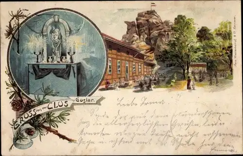 Litho Goslar am Harz, Klusfelsen, Innenansicht der Kapelle, Altar