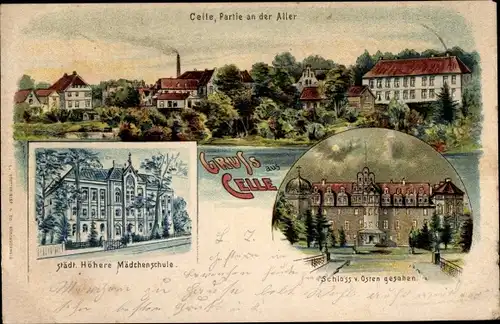 Litho Celle in Niedersachsen, An der Aller, Schloss, Städt. Höhere Mädchenschule