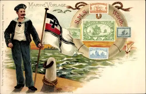 Briefmarken Litho Deutsches Kriegsschiff, SMS Wörth, Panzerschiff, Marine Vorlage, Seemann, Fahne