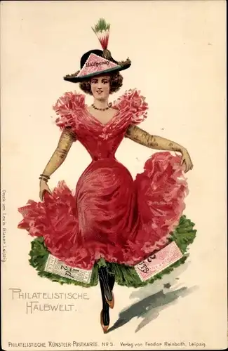 Briefmarken Litho Philatelistische Halbwelt, Frau im roten Kleid, Halfpenny