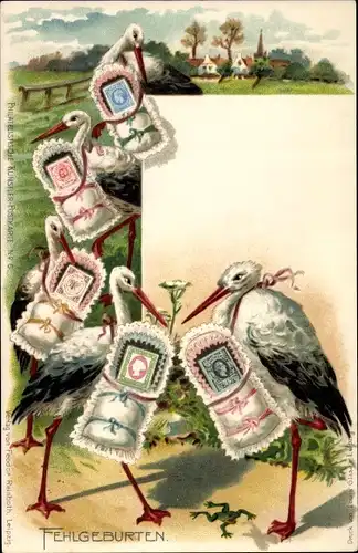 Briefmarken Litho Felhgeburten, Störche mit Briefmarken anstatt Babys
