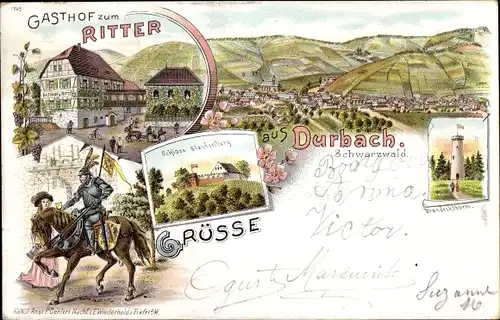 Litho Durbach im Schwarzwald, Gasthof zum Ritter, Schloss Staufenberg, Brandeckturm