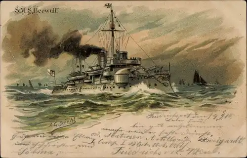 Präge Künstler Litho Siehl, Deutsches Kriegsschiff, SMS Beowulf, Küstenpanzerschiff