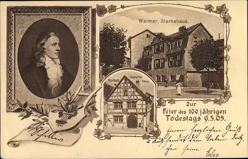 Ak Weimar in Thüringen, Friedrich Schiller, Geburtshaus in Marbach, Sterbehaus in Weimar