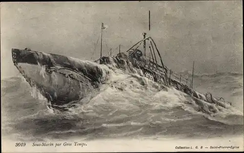 Ak Französisches U Boot, Thon, Sous Marin par Gros Temps