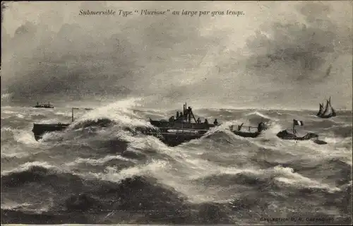 Ak Französisches U Boot, Submersible type Pluviose